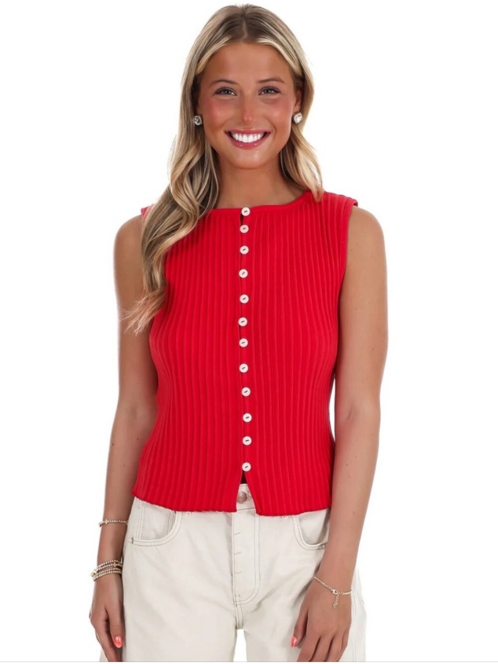 Sleeveless Ribbed Button-Front Tank